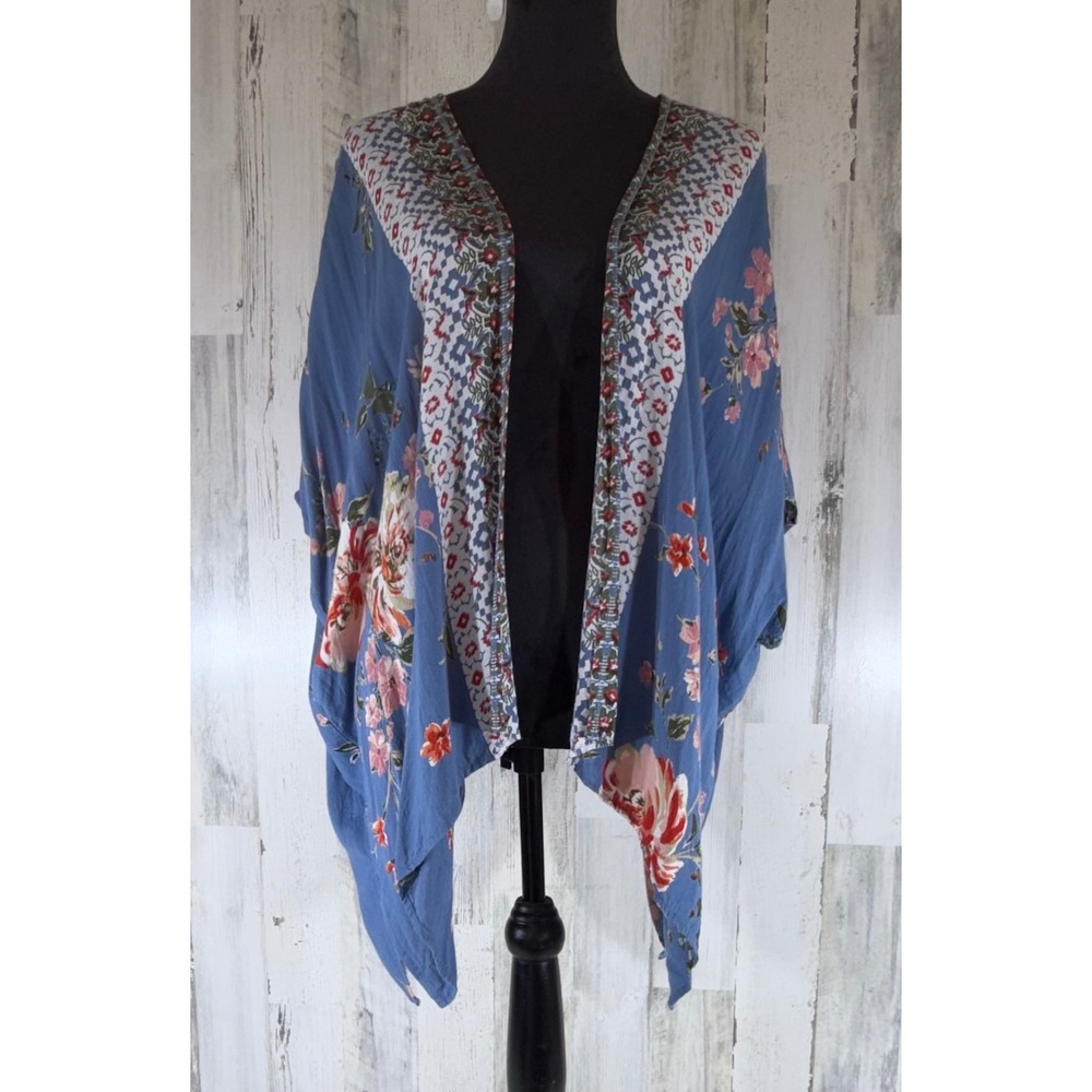 Angie Kimono Cardigan Size Small Blue Floral‎ Boho Open Front Coverup Oversized